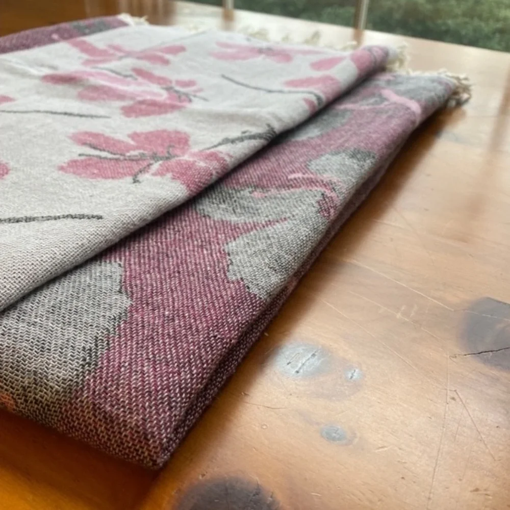 Cherry Blossoms Loom Weave 2 Side Wrap Blanket Towel Sarong Tapestry Hand Weave